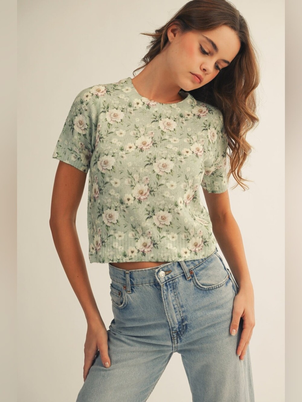 LovLov Womens XL Sage Green Floral Short Sleeve Knit Sweater Pullover